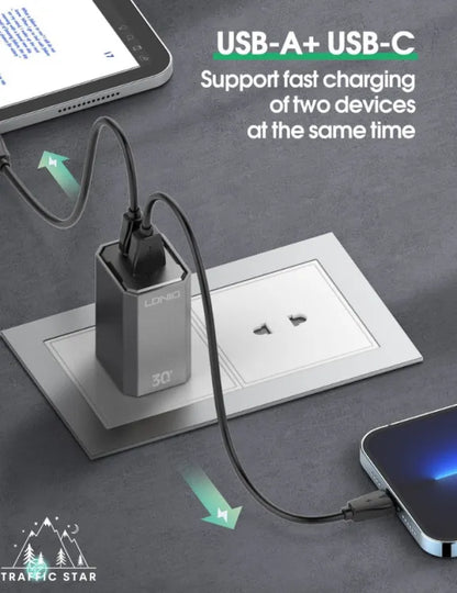 LDNIO Home Charger 30W Charger QC3.0 2 USB-C + 1 USB-A  USB-C PD 30W Fast Charging