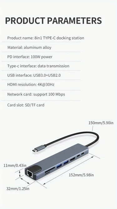 Type C Extender 8 in 1 USB Hub with HDMI Adapter with SD TF Card Reader Rj45 PD Fast Charging