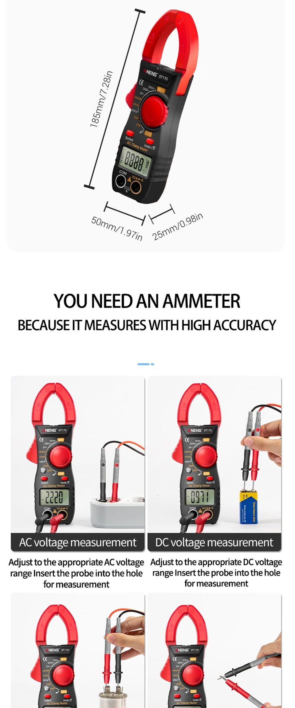 ANENG ST170 Clamp Meter Digital Multimeter 500A AC Current AC/DC Voltage Tester