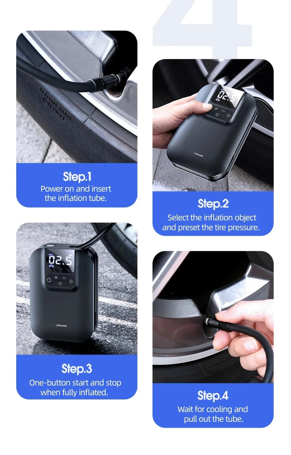 USAMS Mini Car Air Compressor Digital Tire Inflator Pump Inflatable 5000mAh Battery Auto Tire Pump For Car Bicycle Motorcycle