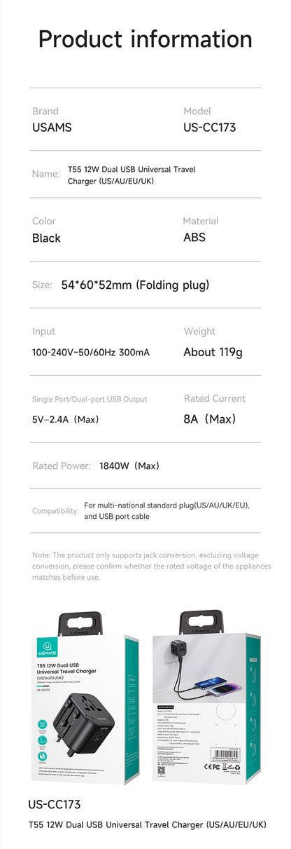 USAMS 12W Universal Travel Adapter Fast Charge With UK/US/EU/AU Plus Worldwide Travel Plug 2USB