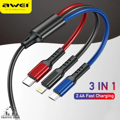 Awei CL-972 3 in 1 charging cable 2.4A fast charging cable Nylon Shield