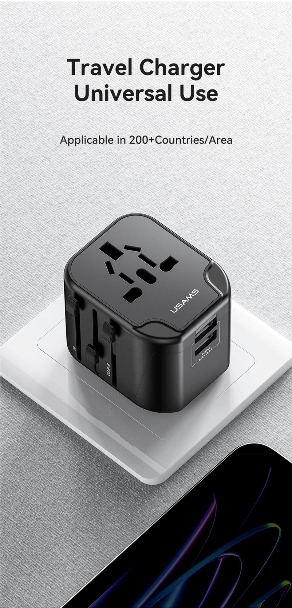 USAMS 12W Universal Travel Adapter Fast Charge With UK/US/EU/AU Plus Worldwide Travel Plug 2USB