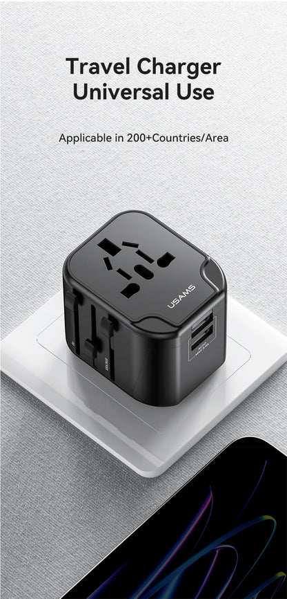 USAMS 12W Universal Travel Adapter Fast Charge With UK/US/EU/AU Plus Worldwide Travel Plug 2USB