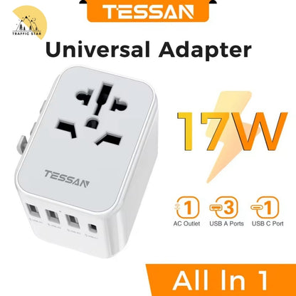 TESSAN Universal Travel Adapter Plug with 3 USB Ports and 1 Type C, All-in-one Wall Charger for US EU UK AUS Travel