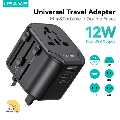 USAMS 12W Universal Travel Adapter Fast Charge With UK/US/EU/AU Plus Worldwide Travel Plug 2USB