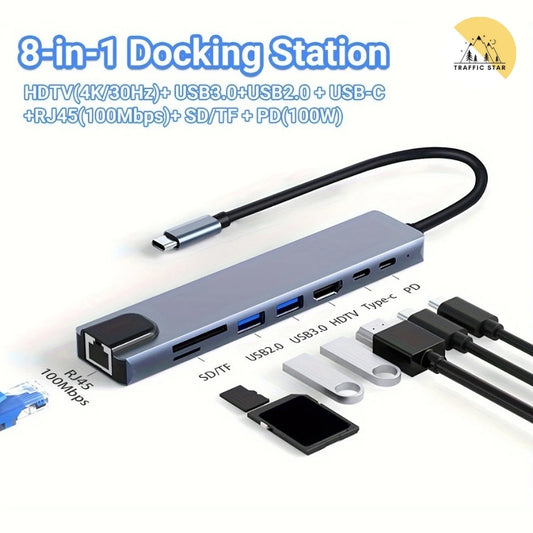 Type C Extender 8 in 1 USB Hub with HDMI Adapter with SD TF Card Reader Rj45 PD Fast Charging