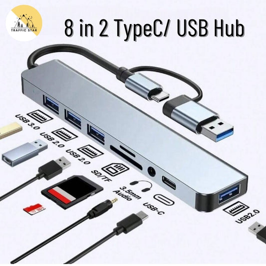 8 in 2 USB Hub with Splitter Card Reader, USB C Port, USB 3.0/2.0, SD/TF Splitter Card Reader, Mobile Phone Docking Station