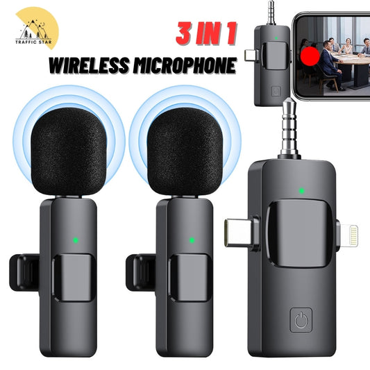 3 in 1 Wireless Lavalier Microphone Type-C, Lightning and 3.5mm Jack Interface