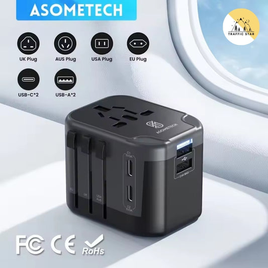 Asometech Universal Traveling Charger Adaptor 2 USB Port & 2 Type C Port All-in-one Wall Charger for US EU UK AUS TRAVEL With LED Light