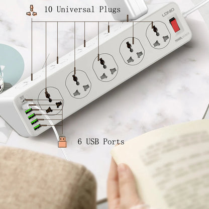 LDNIO Power Socket 10Socket Power Socket Supports 5USB & 1 USB-C QC 3.0