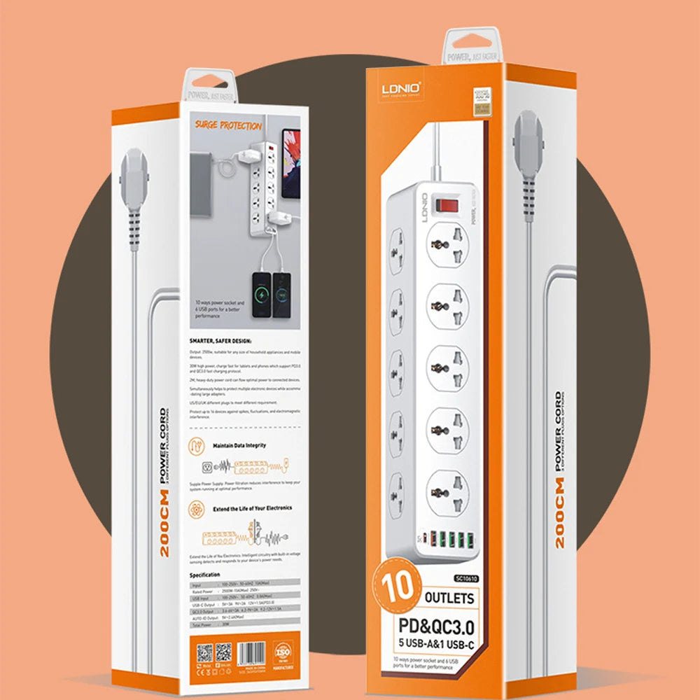 LDNIO Power Socket 10Socket Power Socket Supports 5USB & 1 USB-C QC 3.0