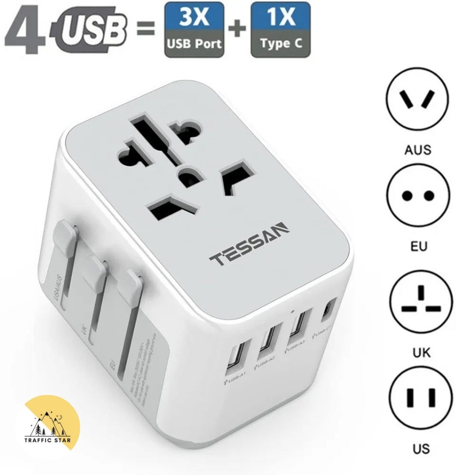 TESSAN Universal Travel Adapter Plug with 3 USB Ports and 1 Type C, All-in-one Wall Charger for US EU UK AUS Travel