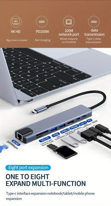 Type C Extender 8 in 1 USB Hub with HDMI Adapter with SD TF Card Reader Rj45 PD Fast Charging