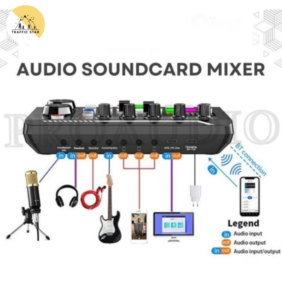 F998 Bluetooth-Compatible Sound Card Studio Record Phone Computer Live Audio Mixer PC Voice Mixing Console Amplifier