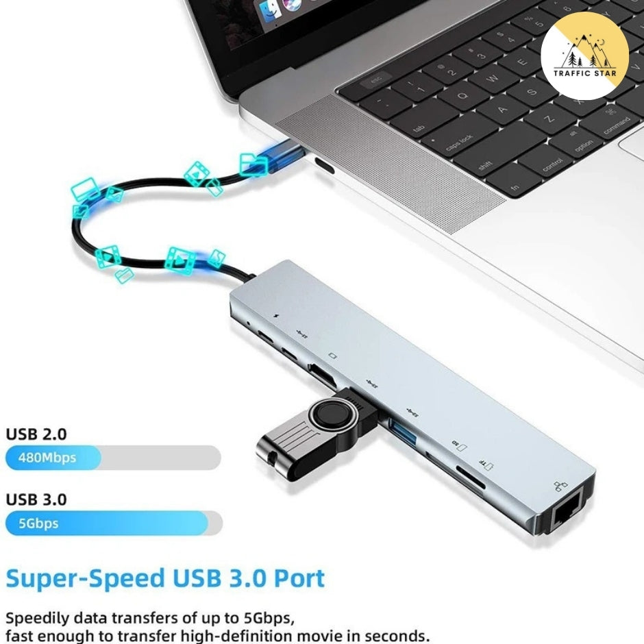 Type C Extender 8 in 1 USB Hub with HDMI Adapter with SD TF Card Reader Rj45 PD Fast Charging