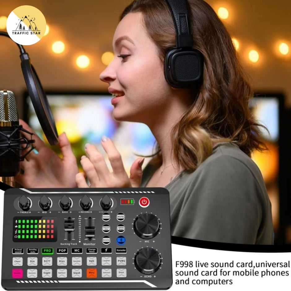 F998 Bluetooth-Compatible Sound Card Studio Record Phone Computer Live Audio Mixer PC Voice Mixing Console Amplifier