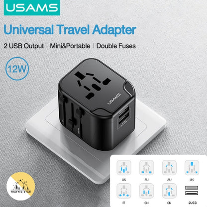 USAMS 12W Universal Travel Adapter Fast Charge With UK/US/EU/AU Plus Worldwide Travel Plug 2USB