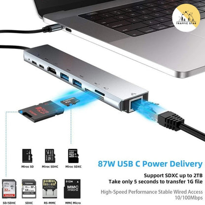 Type C Extender 8 in 1 USB Hub with HDMI Adapter with SD TF Card Reader Rj45 PD Fast Charging