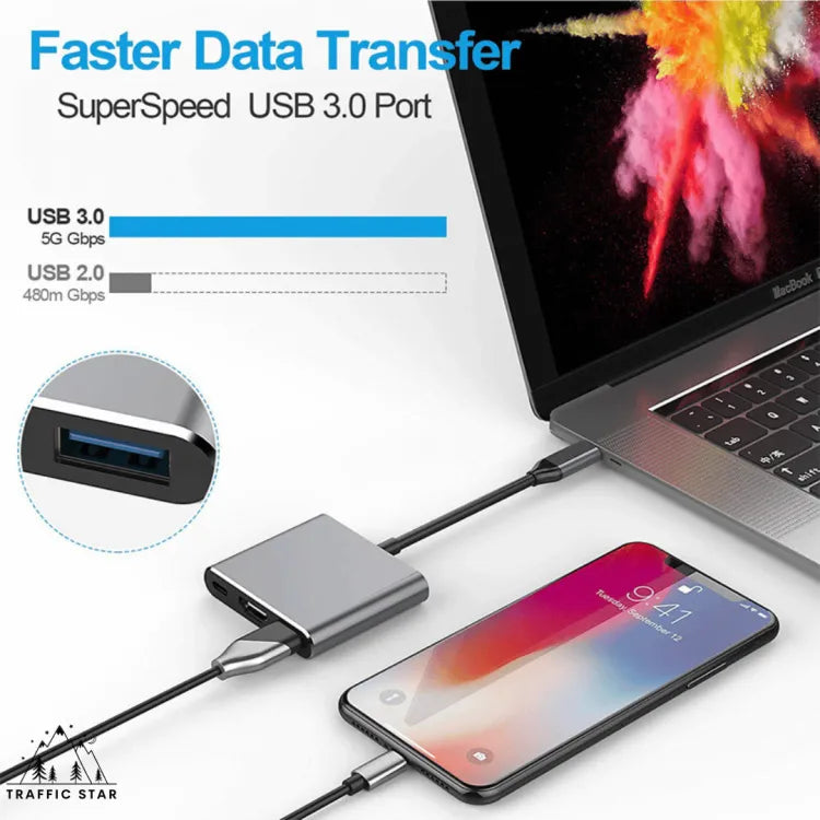 3 in 1 Adapter USB-C to HDMI, USB-C Can Charge PD 60 W USB-A  USB 3.0 5Gbps