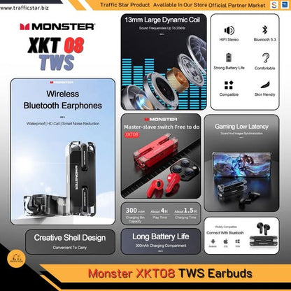 Monster XKT08 TWS BT 5.3 Earbuds Hifi Sound In-ear Gaming Headset