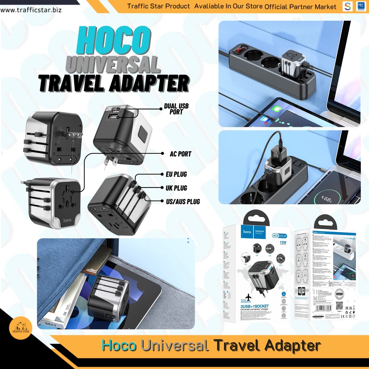 Hoco AC5 2 USB + 1Socket Universal Travel Adapter With Plug Conversion