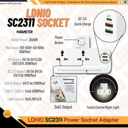 LDNIO SC2311 Power Socket With Lamp 5 IN1 Supports Fast Charging