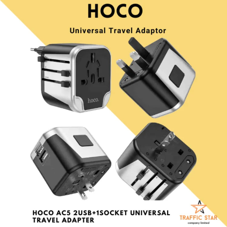 Hoco AC5 2 USB + 1Socket Universal Travel Adapter With Plug Conversion