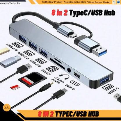 8 in 2 USB Hub with Splitter Card Reader, USB C Port, USB 3.0/2.0, SD/TF Splitter Card Reader, Mobile Phone Docking Station