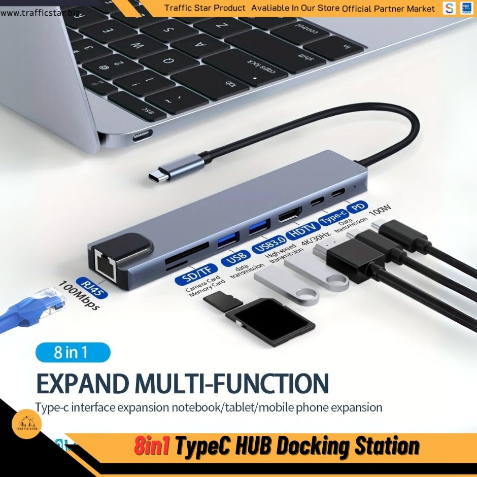 Type C Extender 8 in 1 USB Hub with HDMI Adapter with SD TF Card Reader Rj45 PD Fast Charging