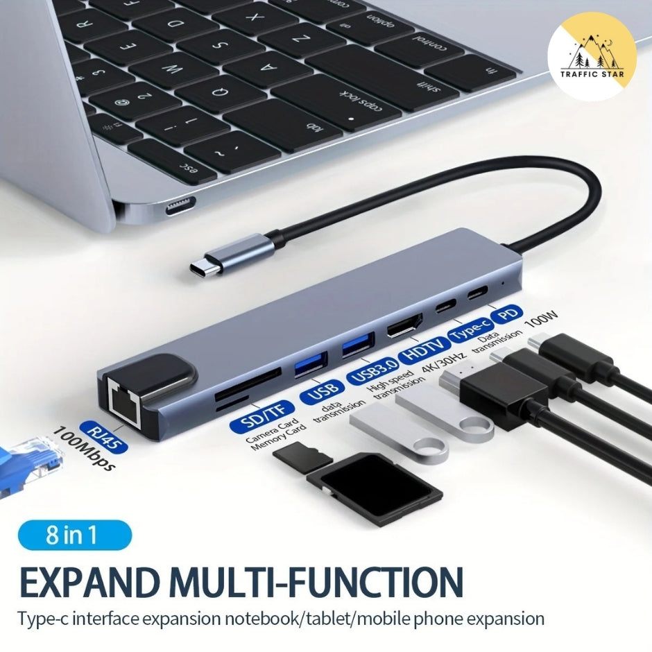 Type C Extender 8 in 1 USB Hub with HDMI Adapter with SD TF Card Reader Rj45 PD Fast Charging