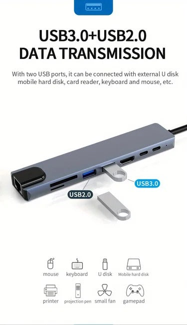 Type C Extender 8 in 1 USB Hub with HDMI Adapter with SD TF Card Reader Rj45 PD Fast Charging