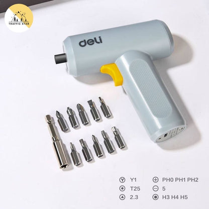 Deli screwdriver drill, screwdriver with 10 drill bits, has LED lights