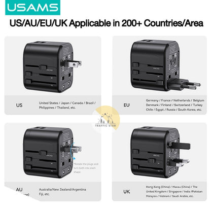 USAMS 12W Universal Travel Adapter Fast Charge With UK/US/EU/AU Plus Worldwide Travel Plug 2USB