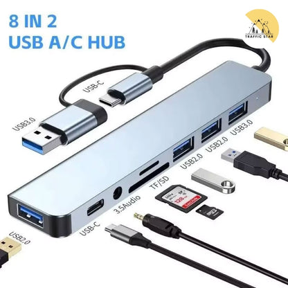 8 in 2 USB Hub with Splitter Card Reader, USB C Port, USB 3.0/2.0, SD/TF Splitter Card Reader, Mobile Phone Docking Station