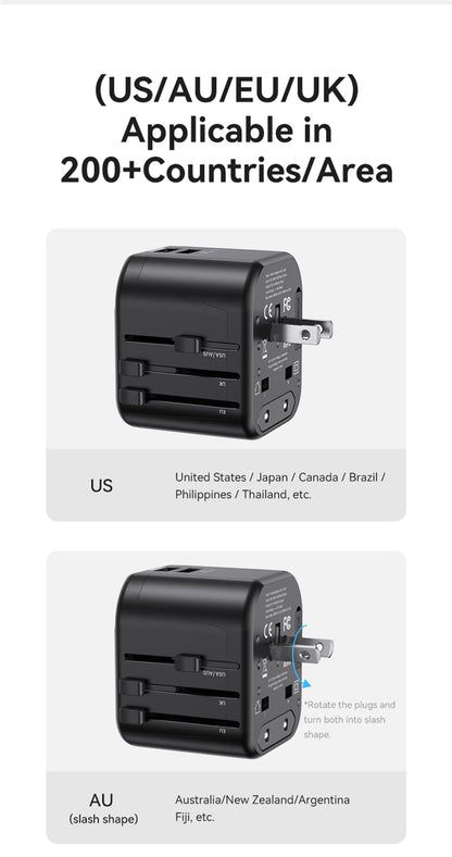 USAMS 12W Universal Travel Adapter Fast Charge With UK/US/EU/AU Plus Worldwide Travel Plug 2USB