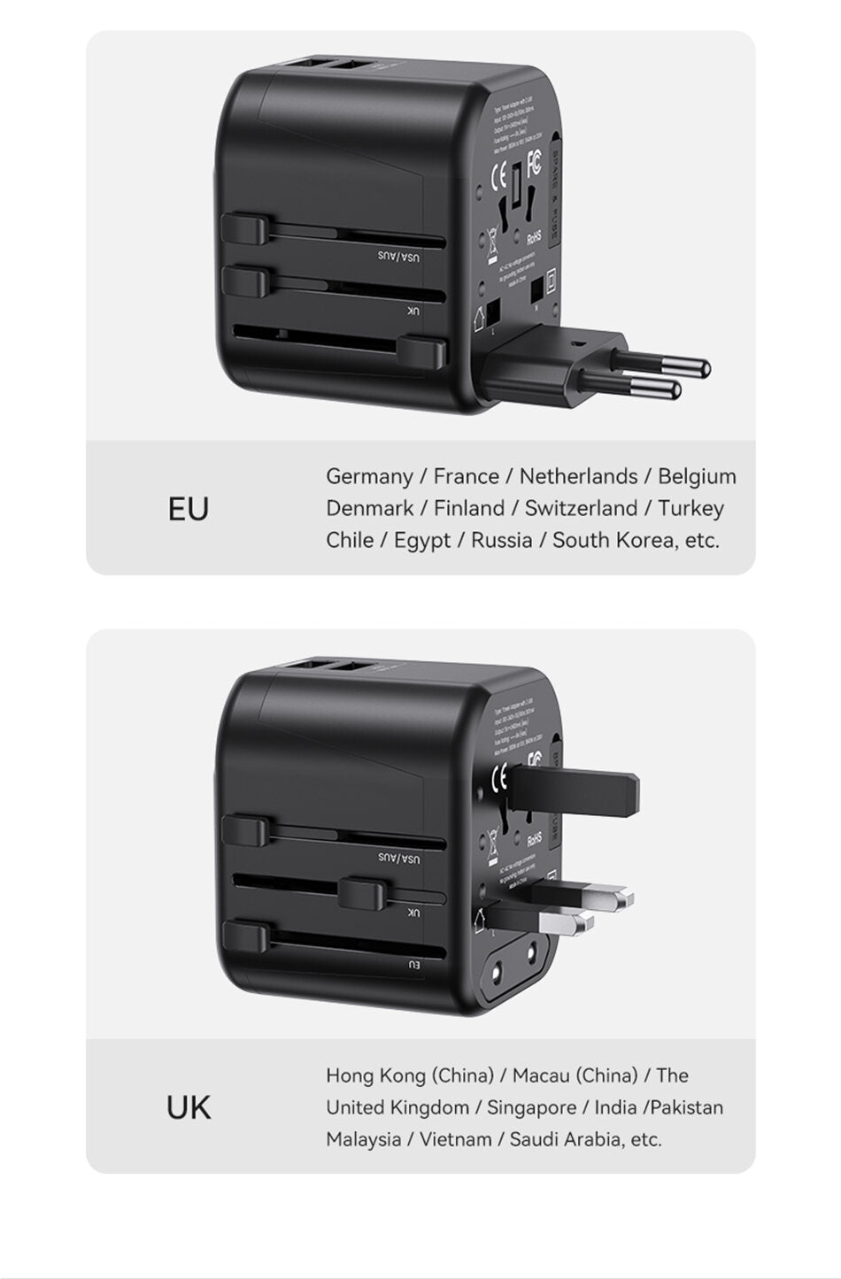 USAMS 12W Universal Travel Adapter Fast Charge With UK/US/EU/AU Plus Worldwide Travel Plug 2USB