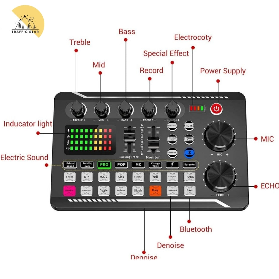 F998 Bluetooth-Compatible Sound Card Studio Record Phone Computer Live Audio Mixer PC Voice Mixing Console Amplifier