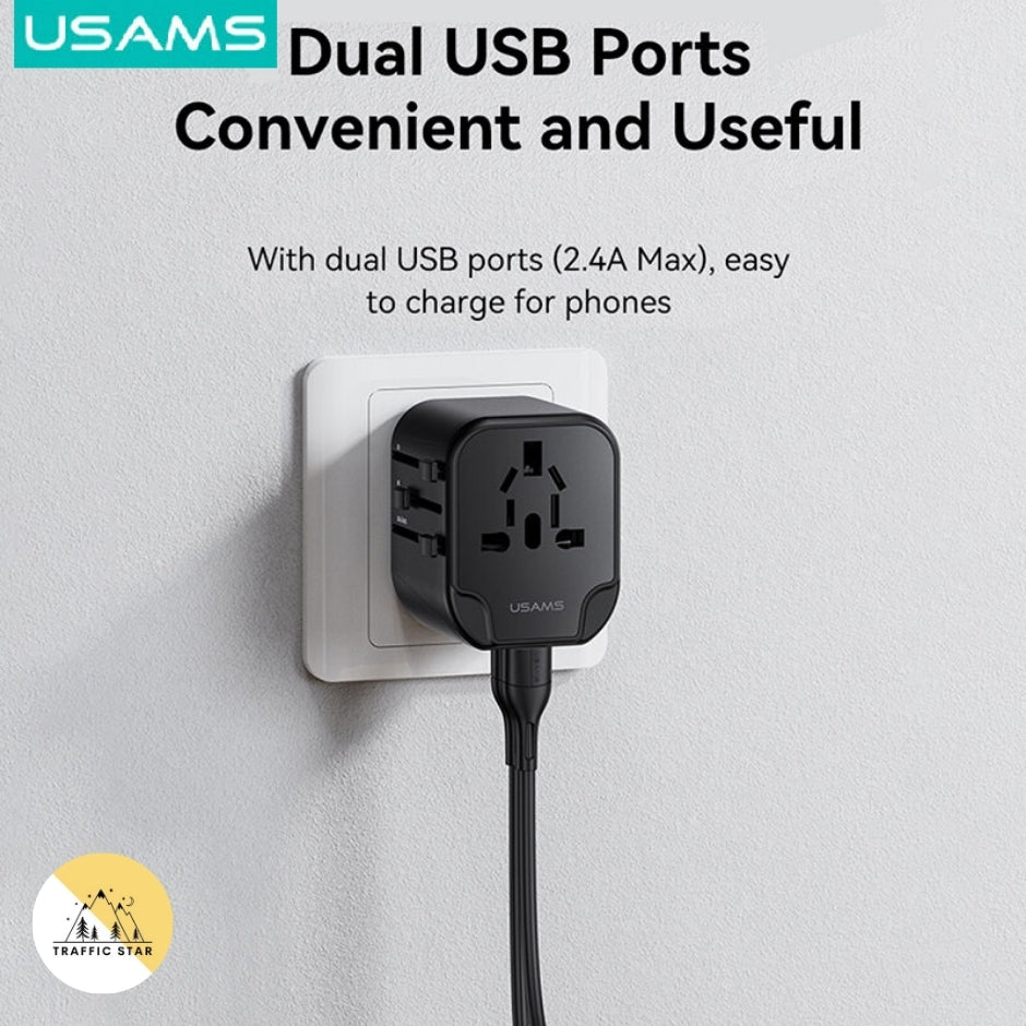 USAMS 12W Universal Travel Adapter Fast Charge With UK/US/EU/AU Plus Worldwide Travel Plug 2USB