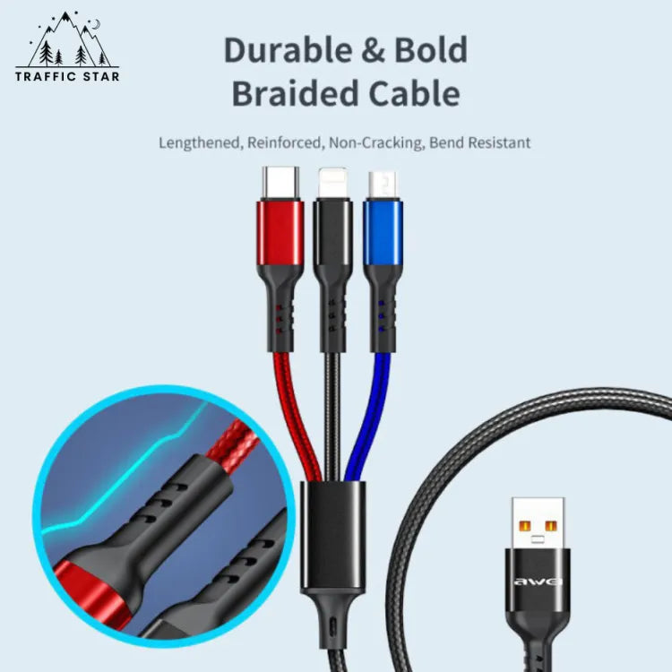 Awei CL-972 3 in 1 charging cable 2.4A fast charging cable Nylon Shield