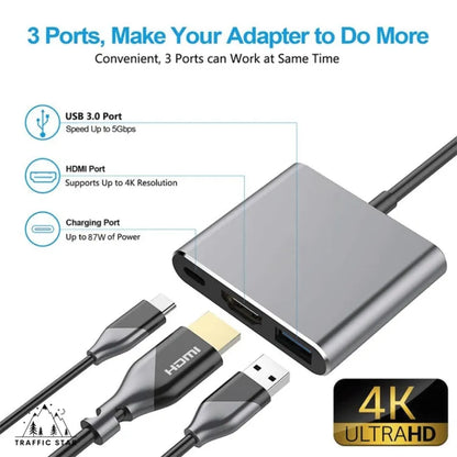 3 in 1 Adapter USB-C to HDMI, USB-C Can Charge PD 60 W USB-A  USB 3.0 5Gbps