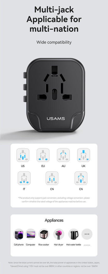 USAMS 12W Universal Travel Adapter Fast Charge With UK/US/EU/AU Plus Worldwide Travel Plug 2USB