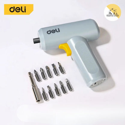 Deli screwdriver drill, screwdriver with 10 drill bits, has LED lights