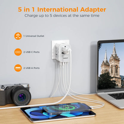 TESSAN Universal Travel Adapter Plug with 3 USB Ports and 1 Type C, All-in-one Wall Charger for US EU UK AUS Travel