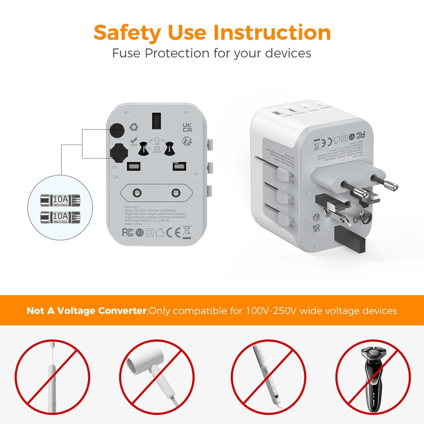 TESSAN Universal Travel Adapter Plug with 3 USB Ports and 1 Type C, All-in-one Wall Charger for US EU UK AUS Travel