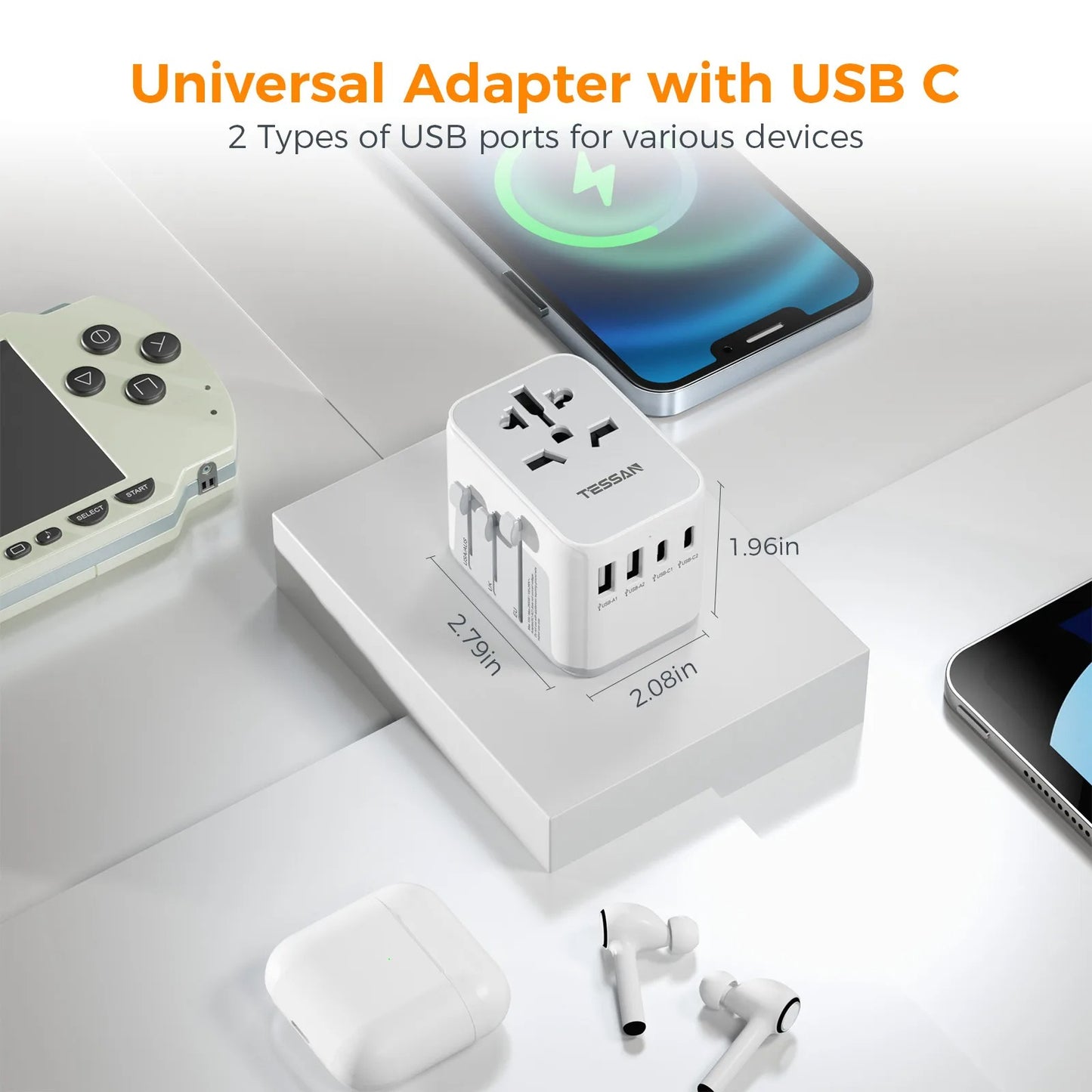 TESSAN Universal Travel Adapter Plug with 3 USB Ports and 1 Type C, All-in-one Wall Charger for US EU UK AUS Travel