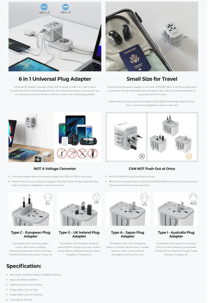 TESSAN Universal Travel Adapter Plug with 3 USB Ports and 1 Type C, All-in-one Wall Charger for US EU UK AUS Travel