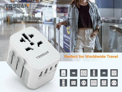 TESSAN Universal Travel Adapter Plug with 3 USB Ports and 1 Type C, All-in-one Wall Charger for US EU UK AUS Travel