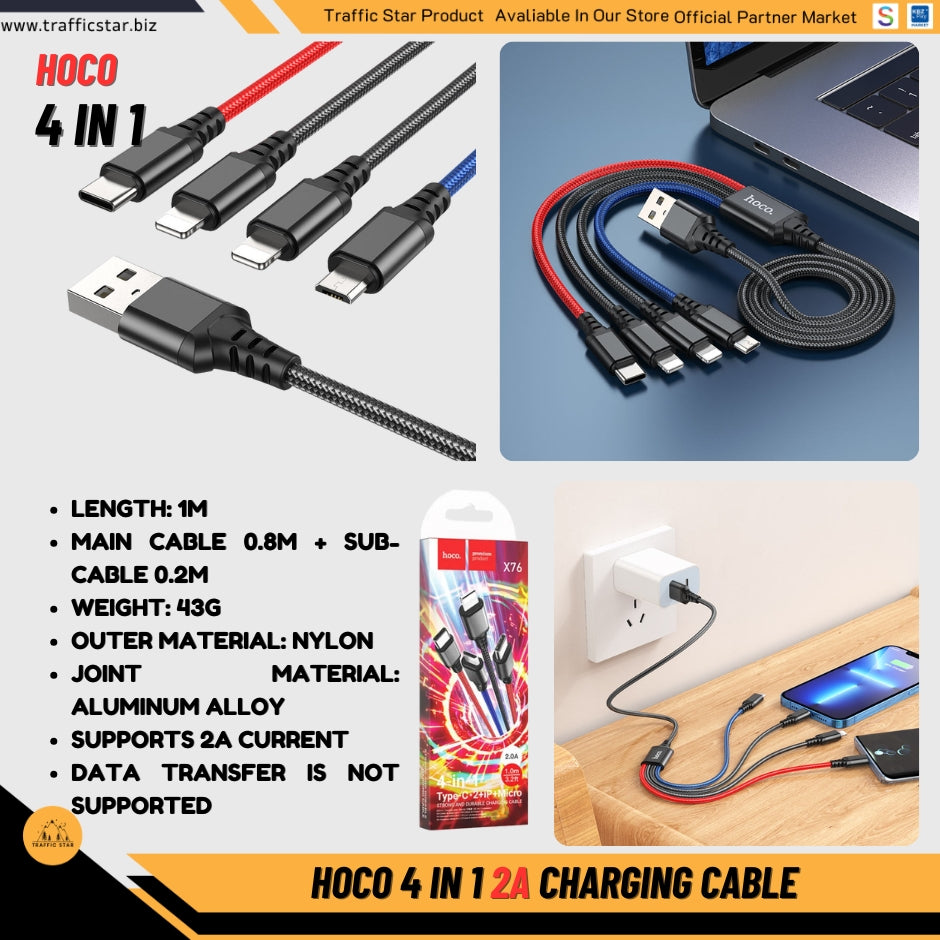 HOCO Original X76 4 in 1 Charging Cable MicroUSB + TypeC + 2 x Lightning