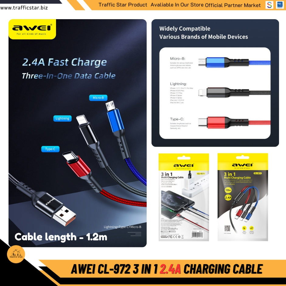 Awei CL-972 3 in 1 charging cable 2.4A fast charging cable Nylon Shield